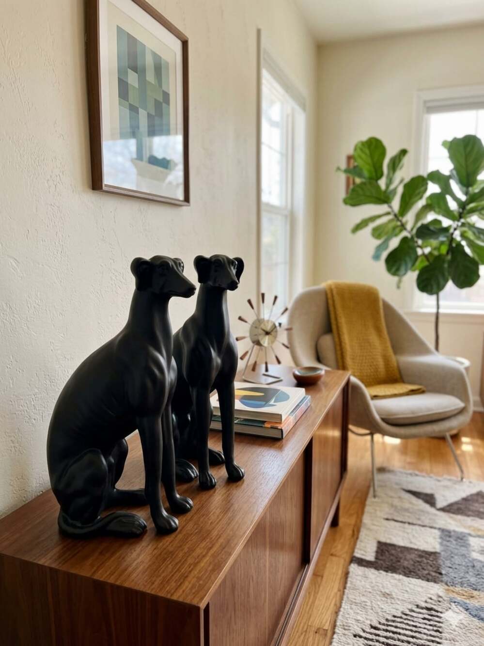 Vintage Mid-Century Modern Matte Black Greyhound Dog Statues Pair